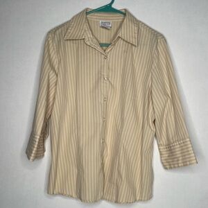 George Women’s L Workwear Button Down Up Blous Shirt Tan Stripe Large 3/4 Sleeve